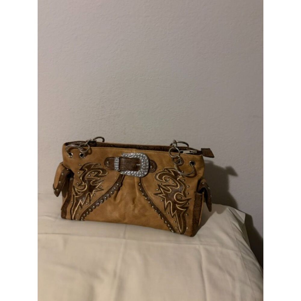 Tan Western Buckle Handbag w/ Rhinestones & Tooled Detail